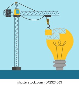 Light Bulb Idea Building With A Crane Placing Blocks Vector Concept