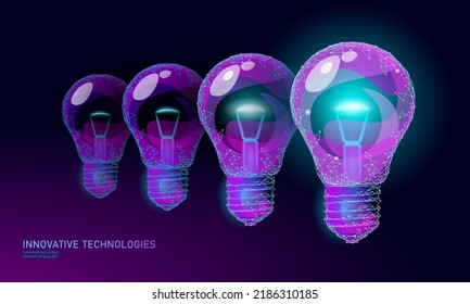 Light bulb idea business concept. Creative active human brain artificial intelligence next level man menthal abilities.Symbol of wisdom. Blue low poly polygonal 3D triangle vector illustration art