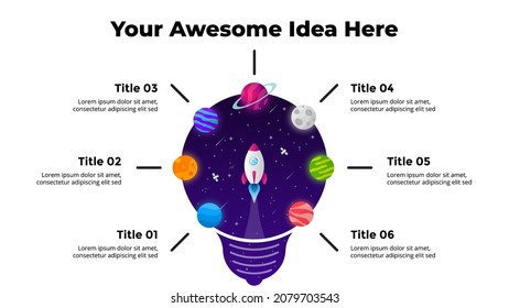 Light bulb idea. Circle diagram. Startup vector infographic. Rocket launch into space. Universe background. Presentation slide template. Business success chart. 6 steps.