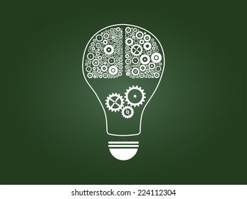 Light Bulb Idea With Cogs And Gears Brain On Green Chalkboard