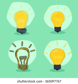 light bulb idea concept business vector icon set with different drawing style shining in green background