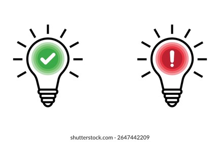 light bulb idea concept, lightbulb with checkmark and exclamation mark icon vector