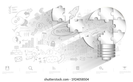 Light bulb Idea connect jigsaw pieces. plan think analyze creative startup business. illustration Creativity modern Concept Vector Infographic template.