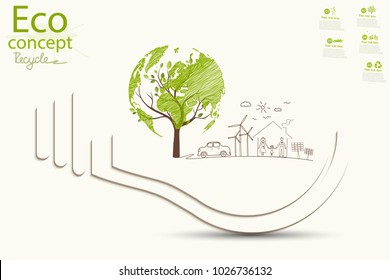 Light bulb idea, creative drawing ecological concepts, With happy family stories, The concept of ecology, to save the planet. Environmentally friendly world. Handwriting. Simple illustration