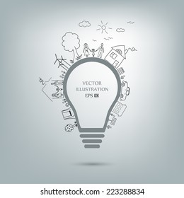 Light bulb idea, creative drawing ecological concepts, With happy family stories,  idea, Vector illustration