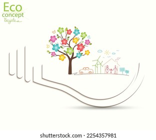 Light bulb idea, creative drawing ecological concepts, With happy family stories, The concept of ecology, to save the planet. Environmentally friendly world. Handwriting. Simple illustration