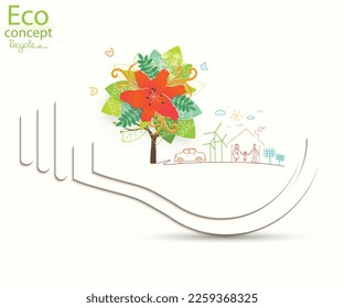 Light bulb idea, creative drawing ecological concepts, With happy family stories, The concept of ecology, to save the planet. Environmentally friendly world. Handwriting. Simple illustration