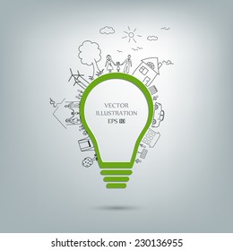 Light bulb idea, creative drawing ecological concepts, With happy family stories, idea, Vector illustration