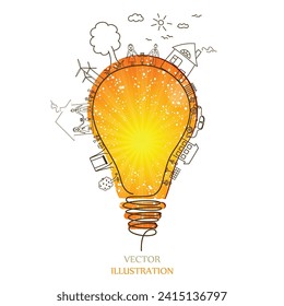 Light bulb idea, creative drawing ecological concepts, With happy family stories, idea, Vector illustration