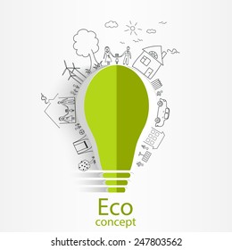Idea de bombilla, dibujo creativo conceptos ecológicos, Con historias familiares felices, idea, ilustración vectorial