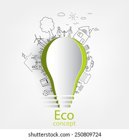 Light bulb idea, creative drawing ecological concepts, With happy family stories, idea, Vector illustration