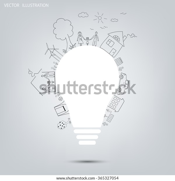 Light bulb idea,\
creative drawing ecological concepts, With happy family stories,\
idea, Vector\
illustration