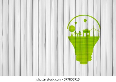 Light bulb idea, creative ecological concepts painted on wooden board, Vector illustration
