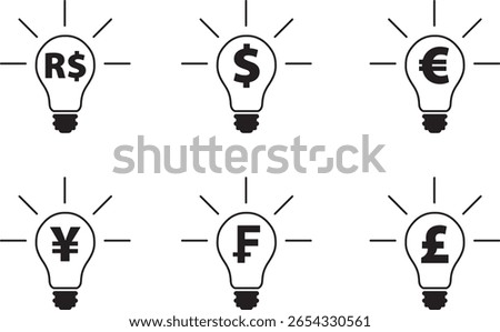 light bulb idea curency dollar swiss franc yen yuan sterling pound euro real icon vector image