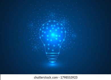 light bulb idea, digital lines, Polygon and  Dots technology abstract background.