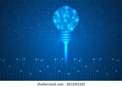light bulb idea, digital lines, binary code technology abstract background.