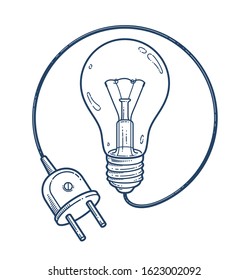 Light bulb idea with electric plug vector simple linear icon, lightbulb science and business line art symbol, creative solutions.