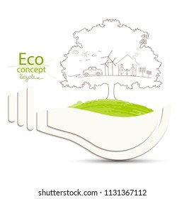 Light bulb idea. Environmentally friendly world. Creative drawing ecological concepts. Happy family stories. The concept of ecology, to save the planet. Vector illustration. Handwriting. Green tree.