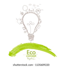 Light bulb idea. Environmentally friendly world. Creative drawing ecological concepts. Happy family stories. The concept of ecology, to save the planet. Vector illustration. Handwriting. 