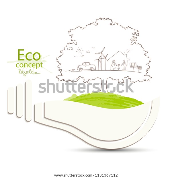 Light bulb idea. Environmentally friendly world.\
Creative drawing ecological concepts. Happy family stories. The\
concept of ecology, to save the planet. Vector illustration.\
Handwriting. Green tree.