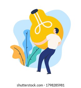 Light bulb idea flat illustration, men bring the creative idea for his business