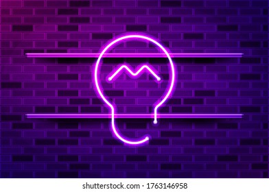 Bombilla, señal de neón brillante de idea o luz de tira LED. Ilustración vectorial realista. Muro de ladrillo morado, resplandor violeta, portaobjetos metálicos.