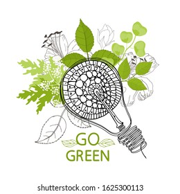 Light bulb idea. Go green. White. Doodle drawing. Icon. Simple modern minimalistic style. Leaves, flowers near the light bulb. Ecology. Simple illustration for printing, web. One line style. Vector. 