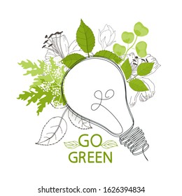 Light bulb idea. Go green. White. Doodle drawing. Icon. Simple modern minimalistic style. Leaves, flowers near the light bulb. Ecology. Simple illustration for printing, web. One line style. Vector. 