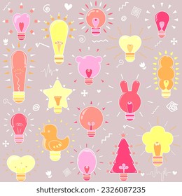 bombilla de luz idea dibujo línea gráfica luz rosa, amarillo, naranja turba, verde menta, bombilla, variaciones, idea prototipo, dibujos animados, icono, ilustración, logotipo