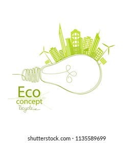 Light bulb idea. Green city. Environmentally friendly world. Creative drawing ecological concepts. Happy family stories. The concept of ecology, to save the planet. Vector illustration. Handwriting. 