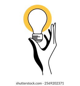 Light bulb idea with hand. Creativity knowledge and discovery innovation big idea. Thin line vector illustration on white background.