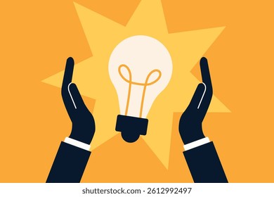Light bulb idea. Hands holding bulb light. Vector illustration