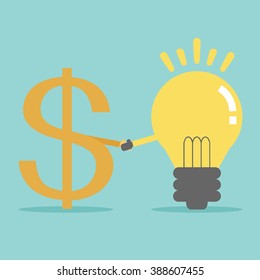 Light bulb idea handshake with Dollar money. Flat design for business financial marketing banking advertising commercial event web minimal concept cartoon illustration.