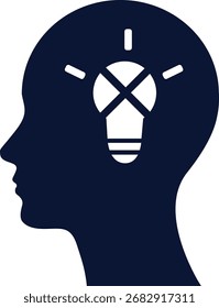 Concepto de psicología de silueta de cabeza de idea de bombilla. Silueta de cabeza humana con bombilla que simboliza la idea, la solución, la creatividad, la psicología positiva y la recuperación