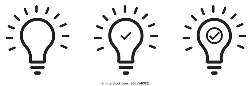 Light bulb idea icon collection set. Creative innovation symbol. Business inspiration logo. Idea validation check mark. Smart thinking concept. Bright idea vector design. Vector illustration