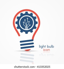 Light bulb idea icon with gear and circuit board inside. 