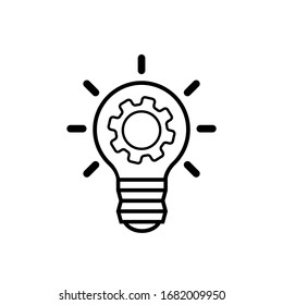 Light bulb idea icon with gears inside in black on an isolated white background. Business concept. EPS 10 vector