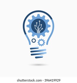 Light bulb idea icon with gears and circuit board inside. Business concept.