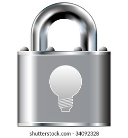 Light bulb or idea icon on secure vector lock button.  Suitable for use on websites, in print, and on brochures.