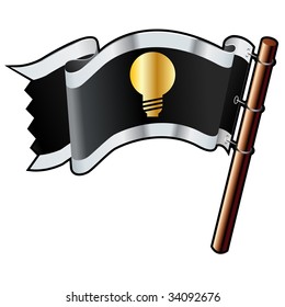 Light bulb or idea icon on black, silver, and gold vector flag good for use on websites, in print, or on promotional materials