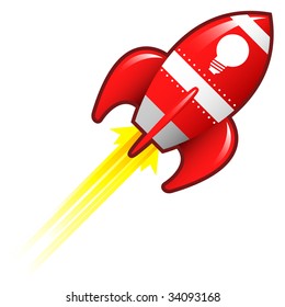 Light bulb or idea icon on red retro rocket ship illustration good for use as a button, in print materials, or in advertisements.