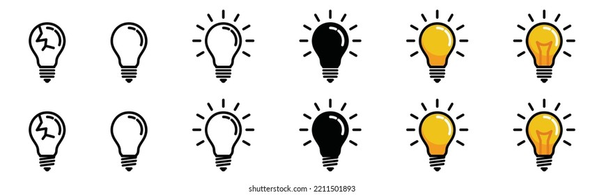 Light Bulb Or Idea Icon Vector Collection. The Broken Light Bulb Until The Yellow Light Was Bright Symbol Illustration. Line Art Lamp Sign Silhouette