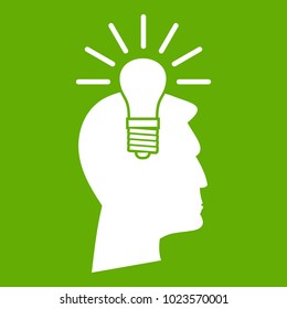 Light bulb idea icon white isolated on green background. Vector illustration