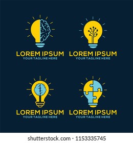 Light bulb idea icons set. Vector illustration of lamp and brain.