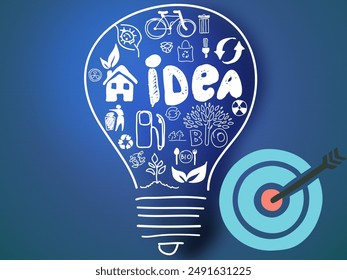 light bulb idea ikon with blue background and circle with arrow show Target goals 