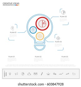 Light bulb idea infographics template with icons and elements. Creative concept. Can be used for workflow layout, diagram web design, infographics. Vector Illustration