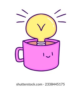 Light bulb idea inside a cup of coffee, illustration for t-shirt, sticker, or apparel merchandise. With doodle, retro, and cartoon style.