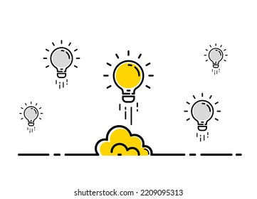 Light bulb idea insight rocket launch concept background. Lightbulb vector design cartoon unique creative idea