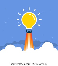 Light bulb idea insight rocket launch concept background. Lightbulb vector design cartoon unique creative idea