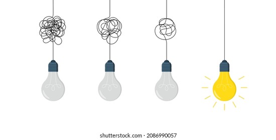 Light bulb of idea. Lamp of idea, insight and creative solution. Icon of lightbulb without bright light and with it. Flat symbol of electric energy and innovation of think. Vector.